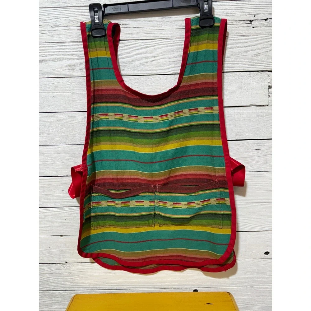 Vintage Striped Tabard Apron Multi Color Woven Bib Front Two Pocket Side Tie